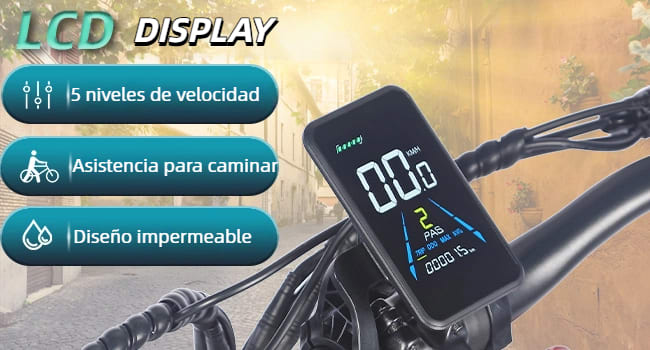 The text reads “LCD DISPLAY”, “3 speed levels”, “Assist resistance” and “Water‑proof design”. LCD screen interface for fitness equipment with backlit display.