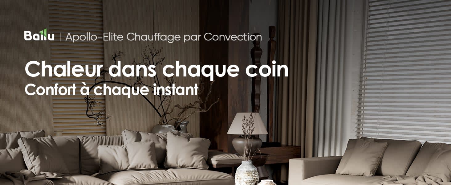 The text reads: “Baliu Apollo‑Elite Convection Heating”, “Heat in every corner”, “Comfort at every moment”. Monochrome interior images illustrating heating device marketing.