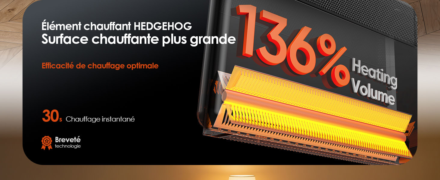 The text states “Heating element HEDGEHOG Larger heating surface 136 % Heating” on a black package with orange accents.