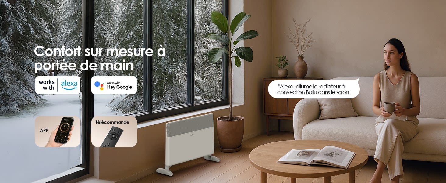 The text reads: "Comfort is possible a part by-part still". Modern living room scene with comfortable seating and large windows overlooking greenery.