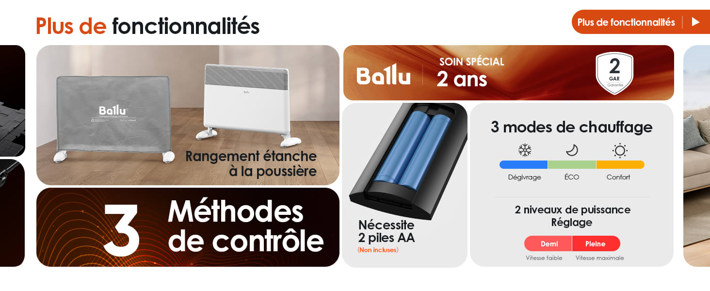 The text says "3 heating methods" and "2 years". Technical product interface or manual showing multiple panels with heating method options and specifications.