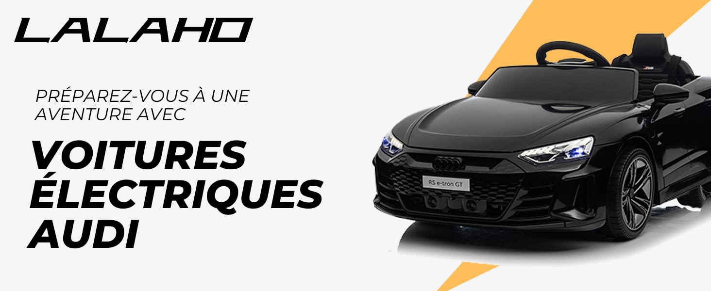 Small black electric car for kids, inspired by an Audi. Orange and white graphic elements, French text on the electric cars visible.
