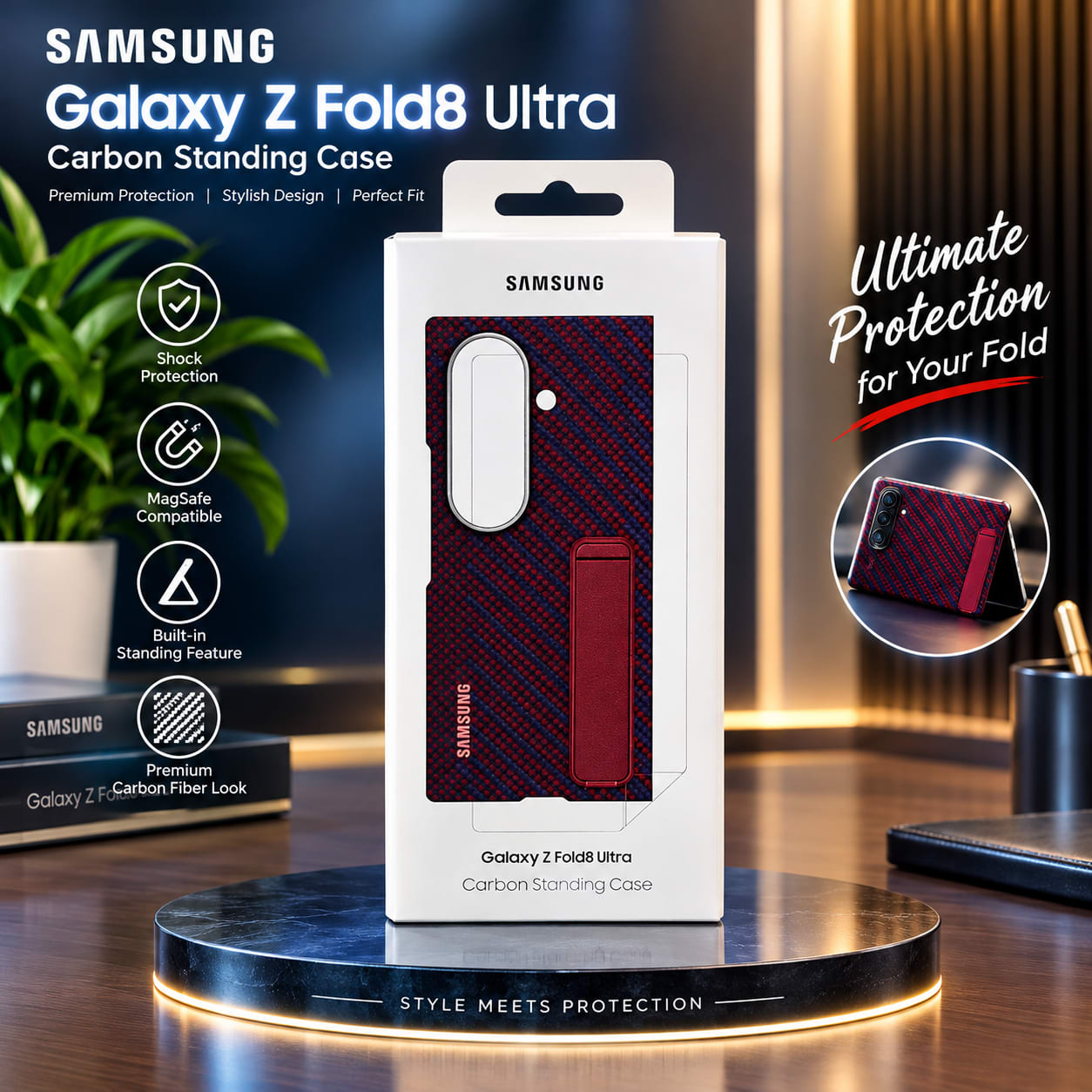 Carbon Standing case with 2pcs glass protector cover For Samsung Galaxy Z fold 8 Ultra