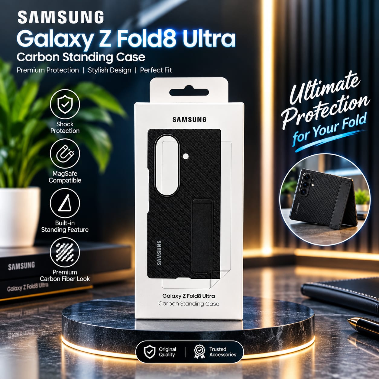 Carbon Standing case with 2pcs glass protector cover For Samsung Galaxy Z fold 8 Ultra