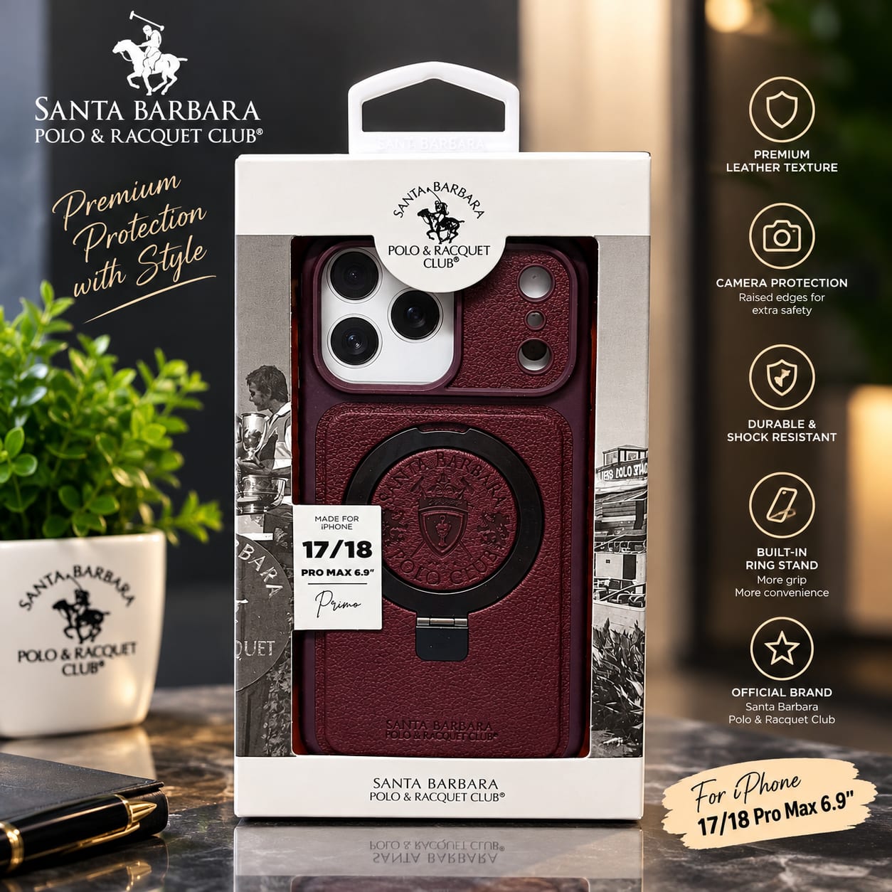 Santa Barbara Premium Leather Texture Phone Case with Built-in Ring Stand Magsafe case For iPhone 18 Pro Max