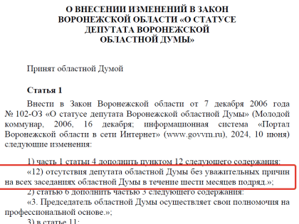 Новые поправки в закон Воронежской области об отмене депутатских полномочий