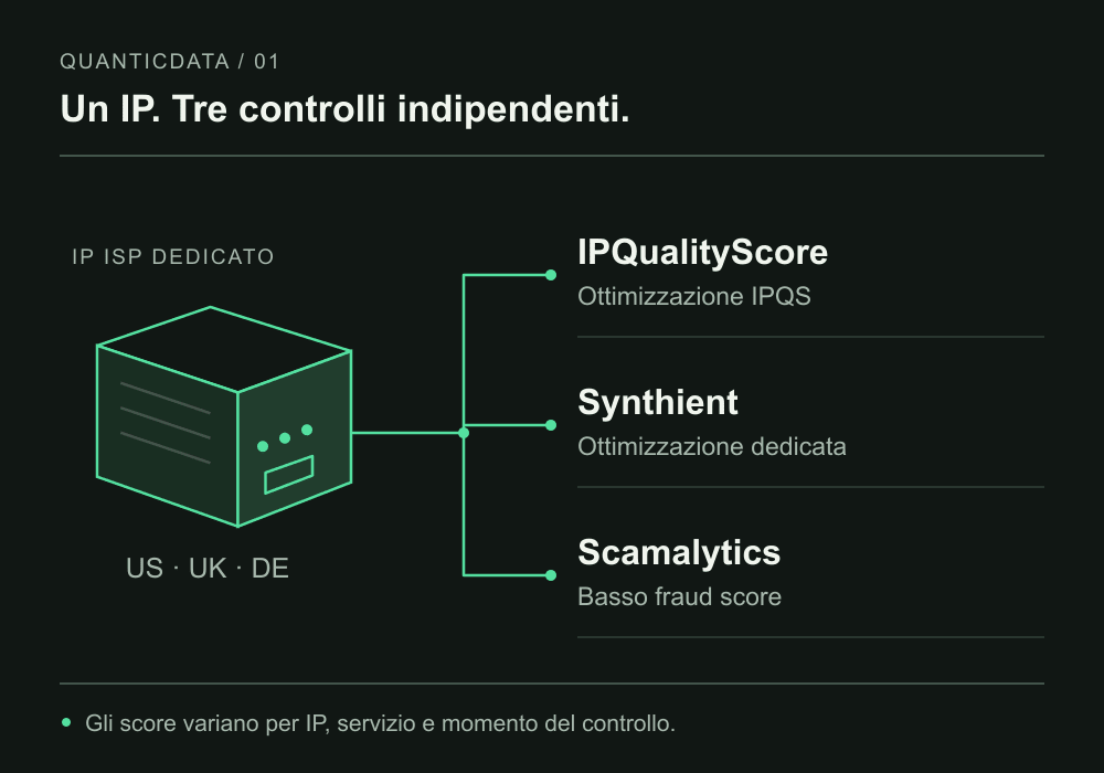 Un IP ISP dedicato collegato ai controlli indipendenti IPQualityScore, Synthient e Scamalytics; paesi supportati: Stati Uniti, Regno Unito e Germania.