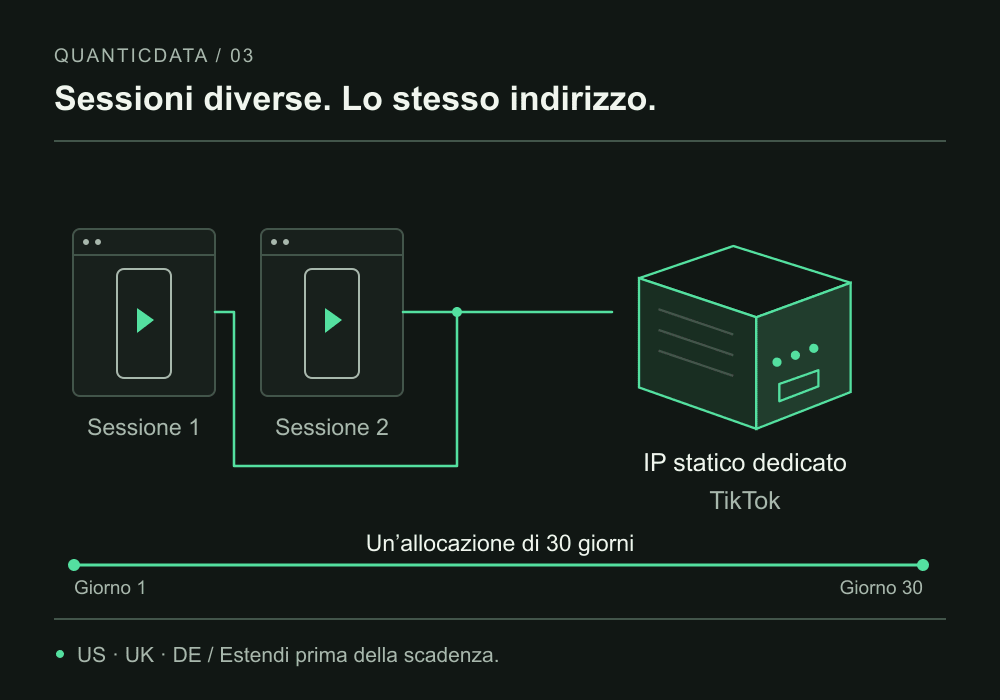 Due sessioni client TikTok utilizzano lo stesso IP ISP dedicato durante un’allocazione di 30 giorni.