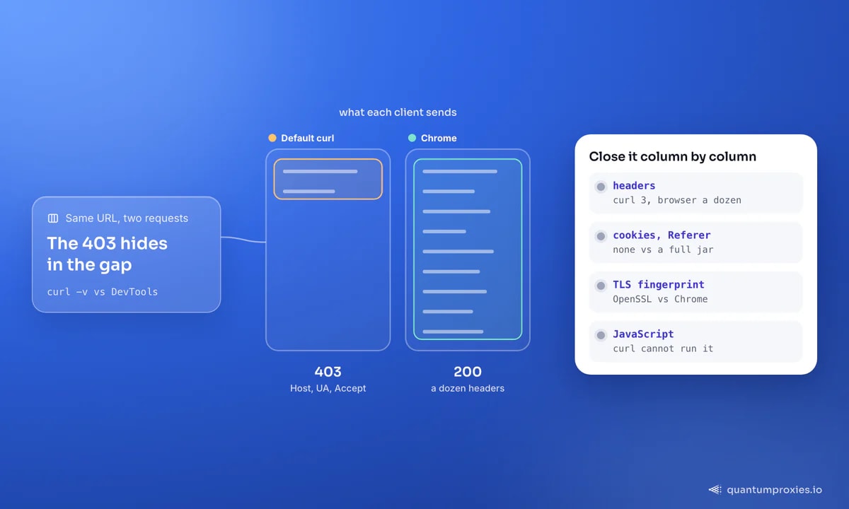 같은 URL에 대한 기본 curl 요청과 Chrome 요청 비교: curl은 헤더 약 3개, 쿠키 없음, OpenSSL 핸드셰이크를 보내 403을 받고, Chrome은 헤더 십여 개, 쿠키 저장소, Chrome 핸드셰이크를 보내 200을 받습니다. 카드는 헤더부터 JavaScript까지 열마다 차이를 나열합니다.