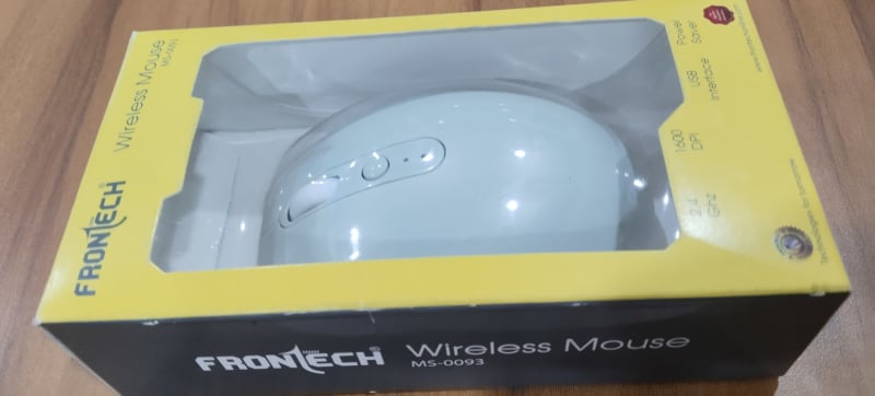 Frontech MS-0093 Wireless Mouse in yellow and black packaging front view