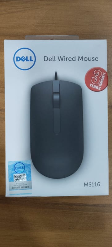 Front view of Dell MS116 Wired Mouse packaging