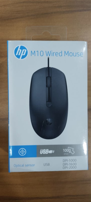 Front view of HP M10 Wired Mouse packaging showing mouse image and DPI specifications