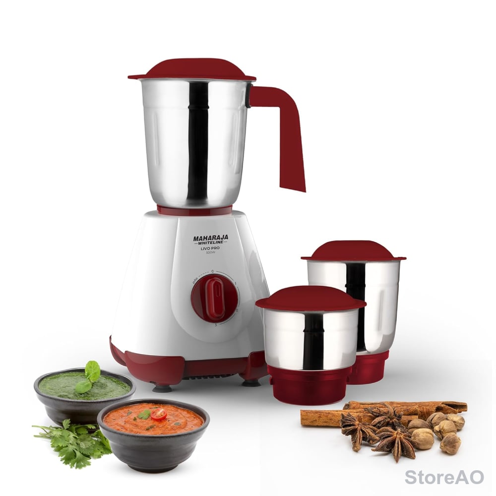 Maharaja Whiteline 500W Livo Pro Mixer Grinder with 3 Stainless Steel Jars with lid and 20,000 RPM Motor Speed (White & Cherry Red)