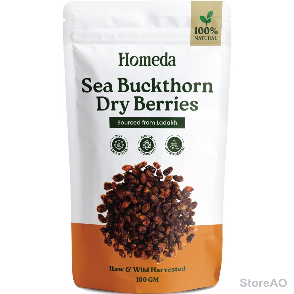 Homeda Sea Buckthorn Berry Dry (100g) Organic Seabuckthorn Berries Original Dried - With Vitamins, Antioxidants, Omega 3 6 7 & 9 | Himalyan See Buck Thorn Plant | Pure Leh Seabuck Berry