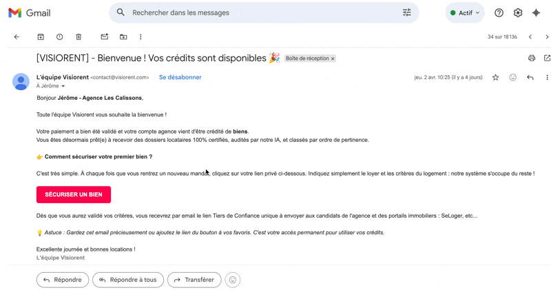 Réception du lien magique par e-mail