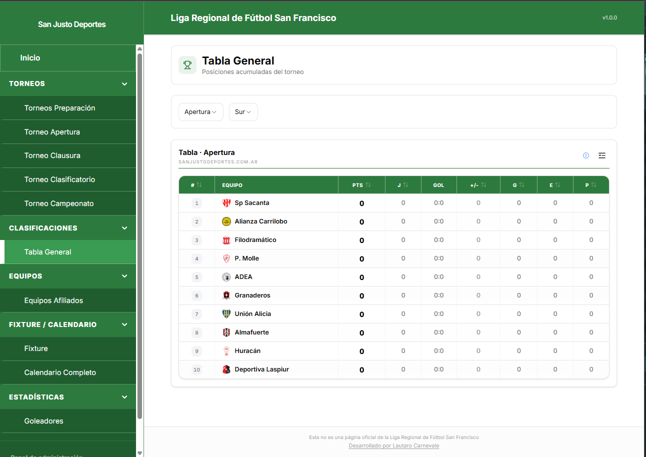 San Justo Deportes Interface