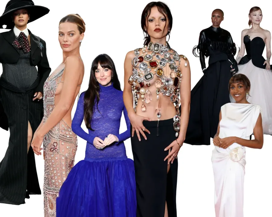 collection of women in diverse fashion attire on a white background