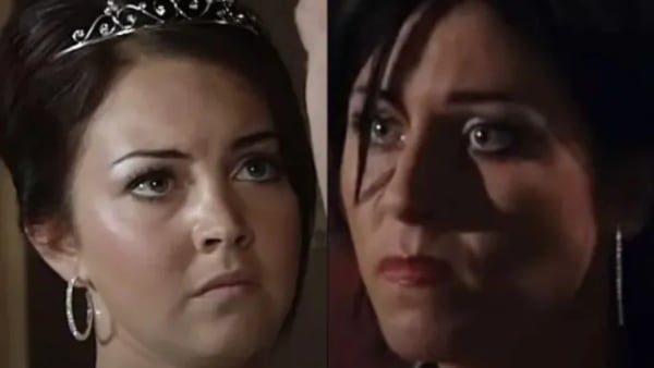 Kat and Zoe Slater arguing on the staircase at The Vic during a tense Halloween week.