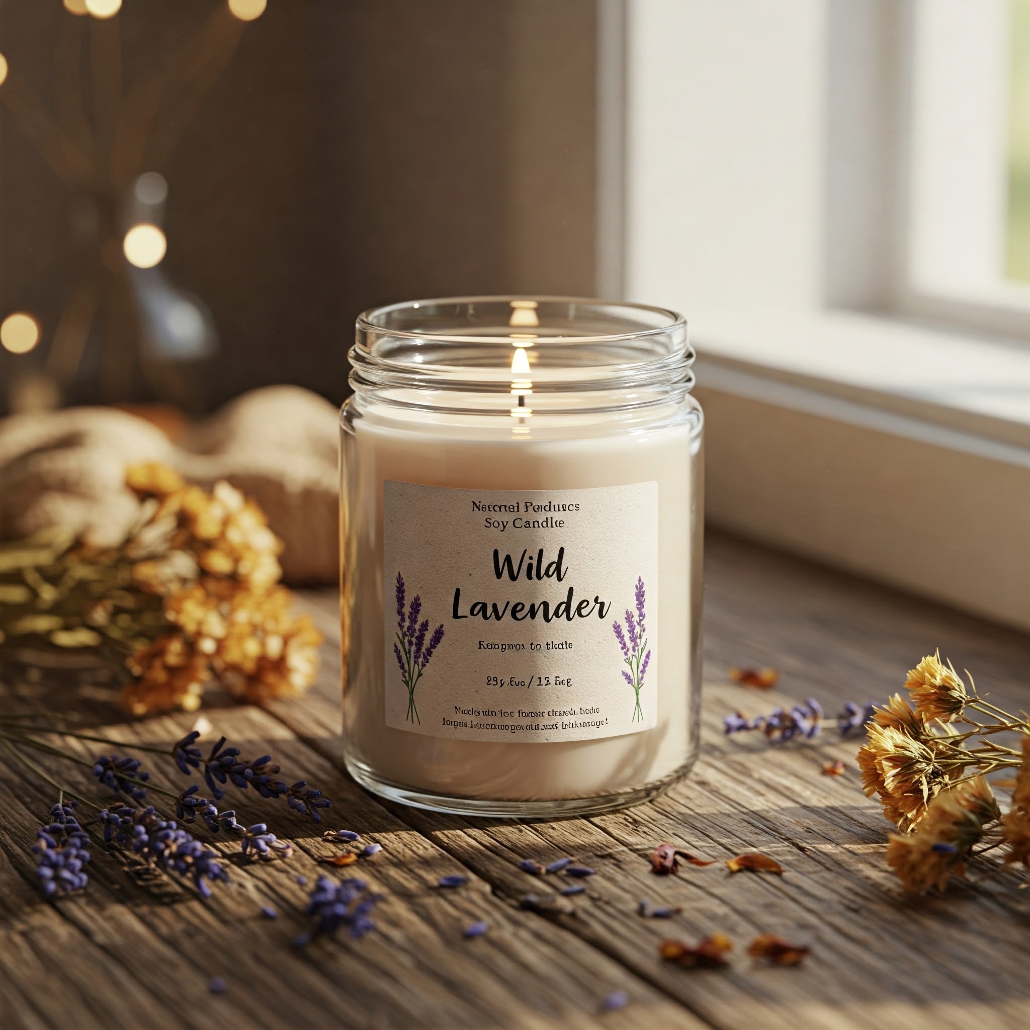 Rustic candle mockup on wooden table
