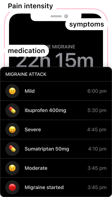 MigraineCat headache logging screen with pain location and intensity selector