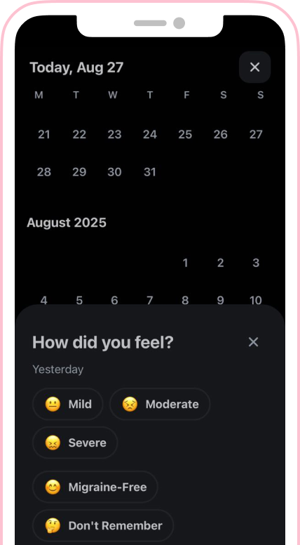 MigraineCat calendar view showing migraine patterns over the month
