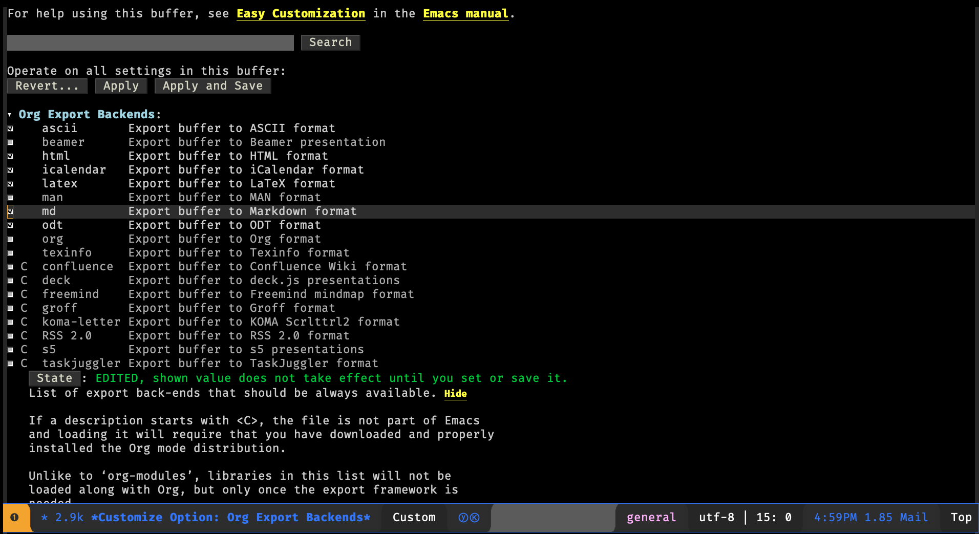 Modifying export backends