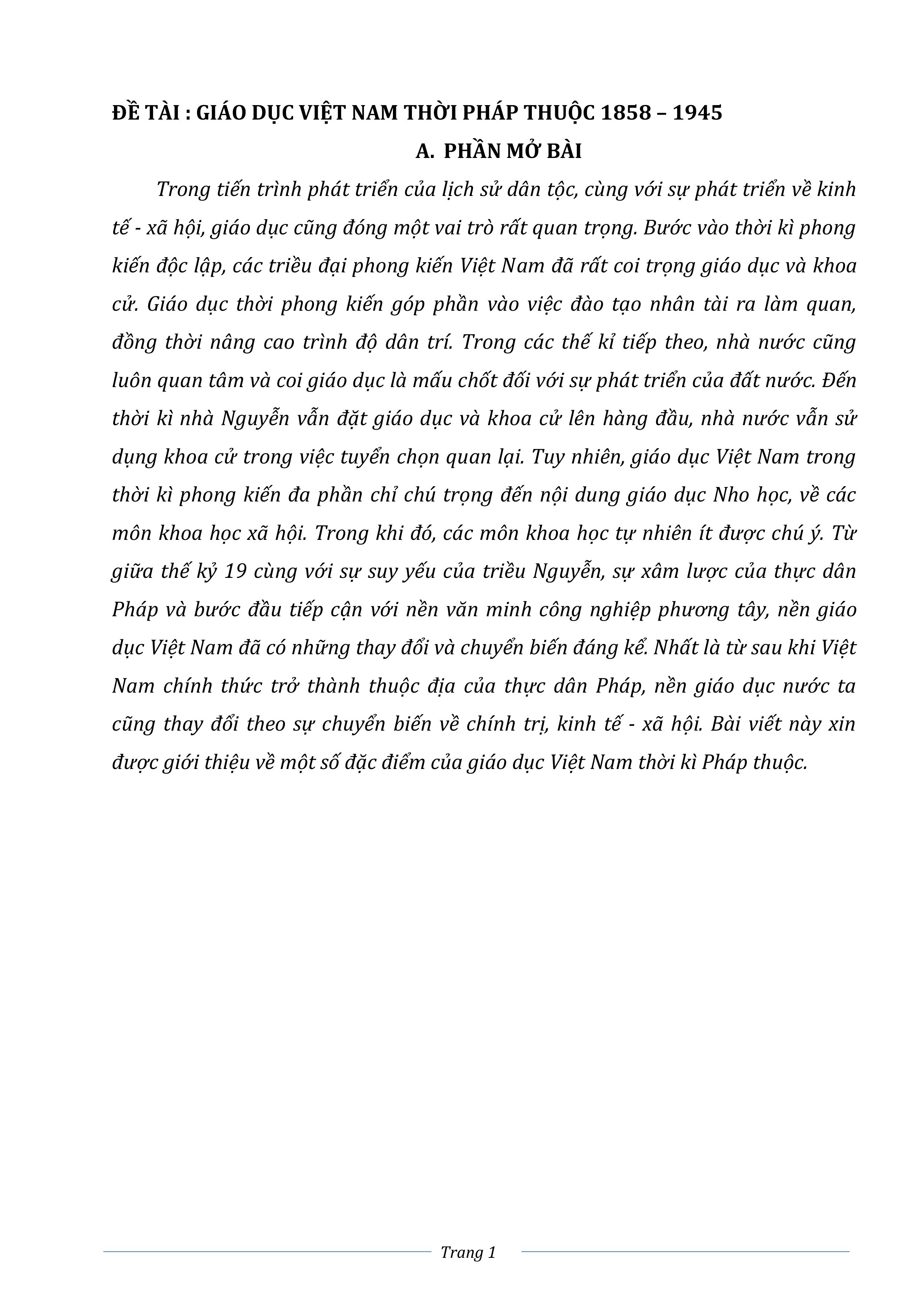 Đề tài giáo dục việt nam thời pháp thuộc 1858 – 1945