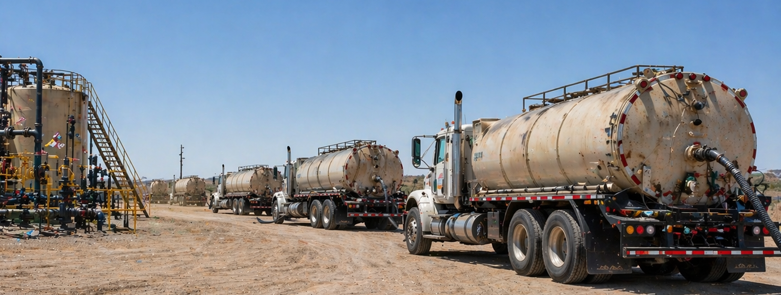 Produced water trucks staged at an SWD injection well