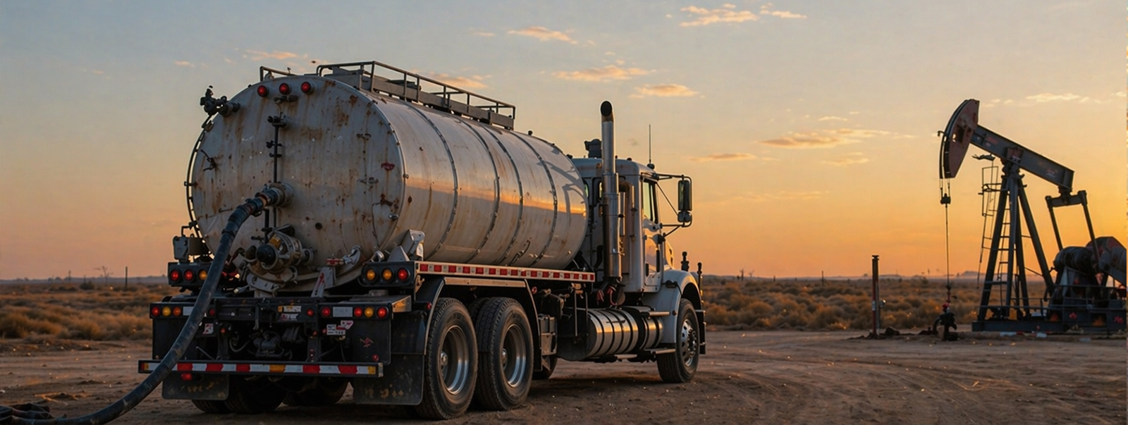 Produced water truck in the Permian Basin at sunrise