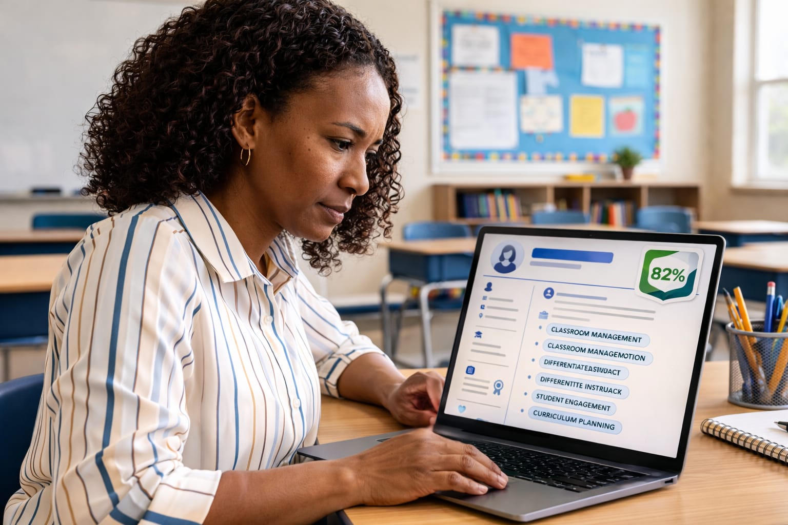Experienced teacher at desk reviewing resume on laptop with  ATS score 82 shown on screen