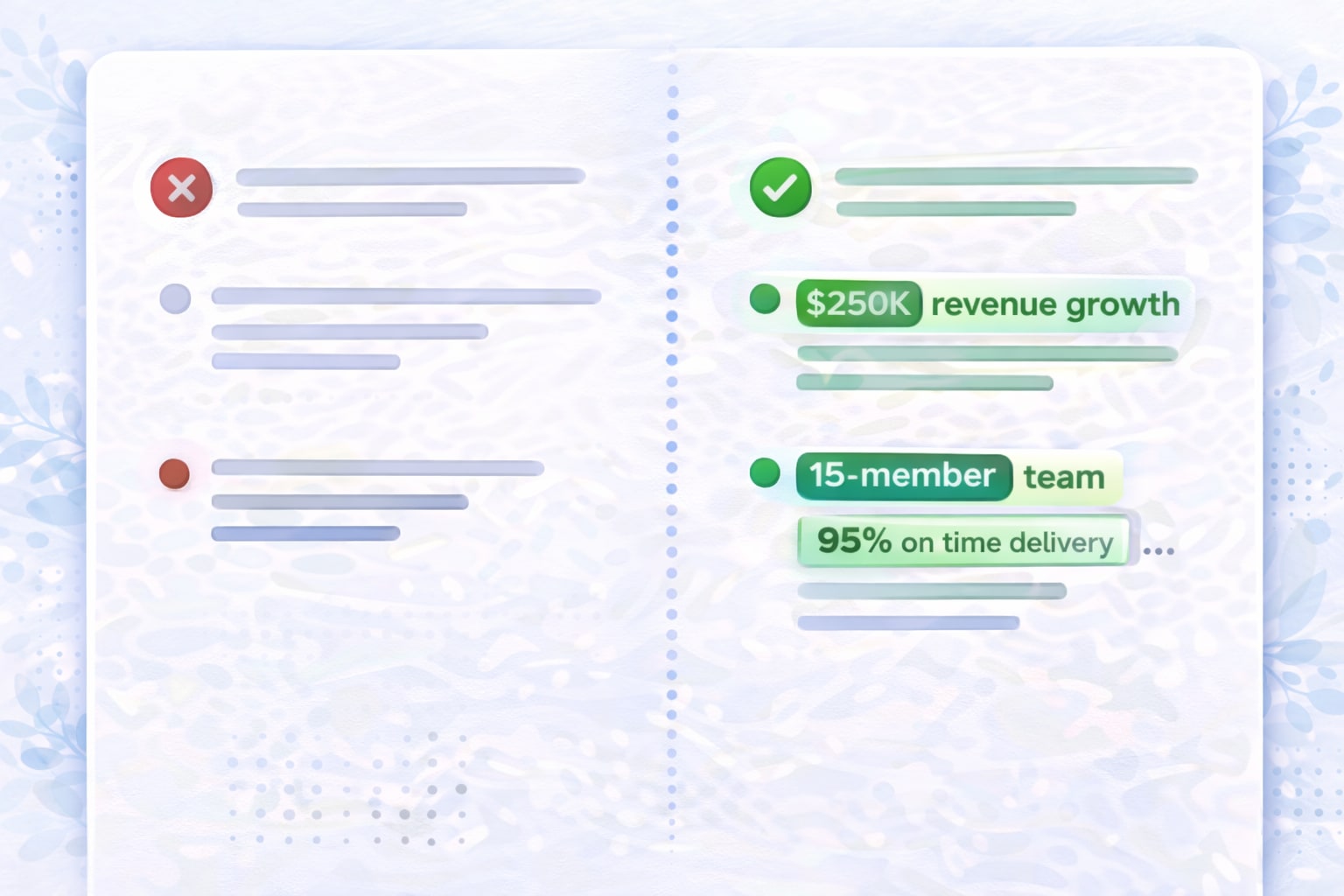 Split comparison of weak PM resume bullets with red X versus strong achievement bullets