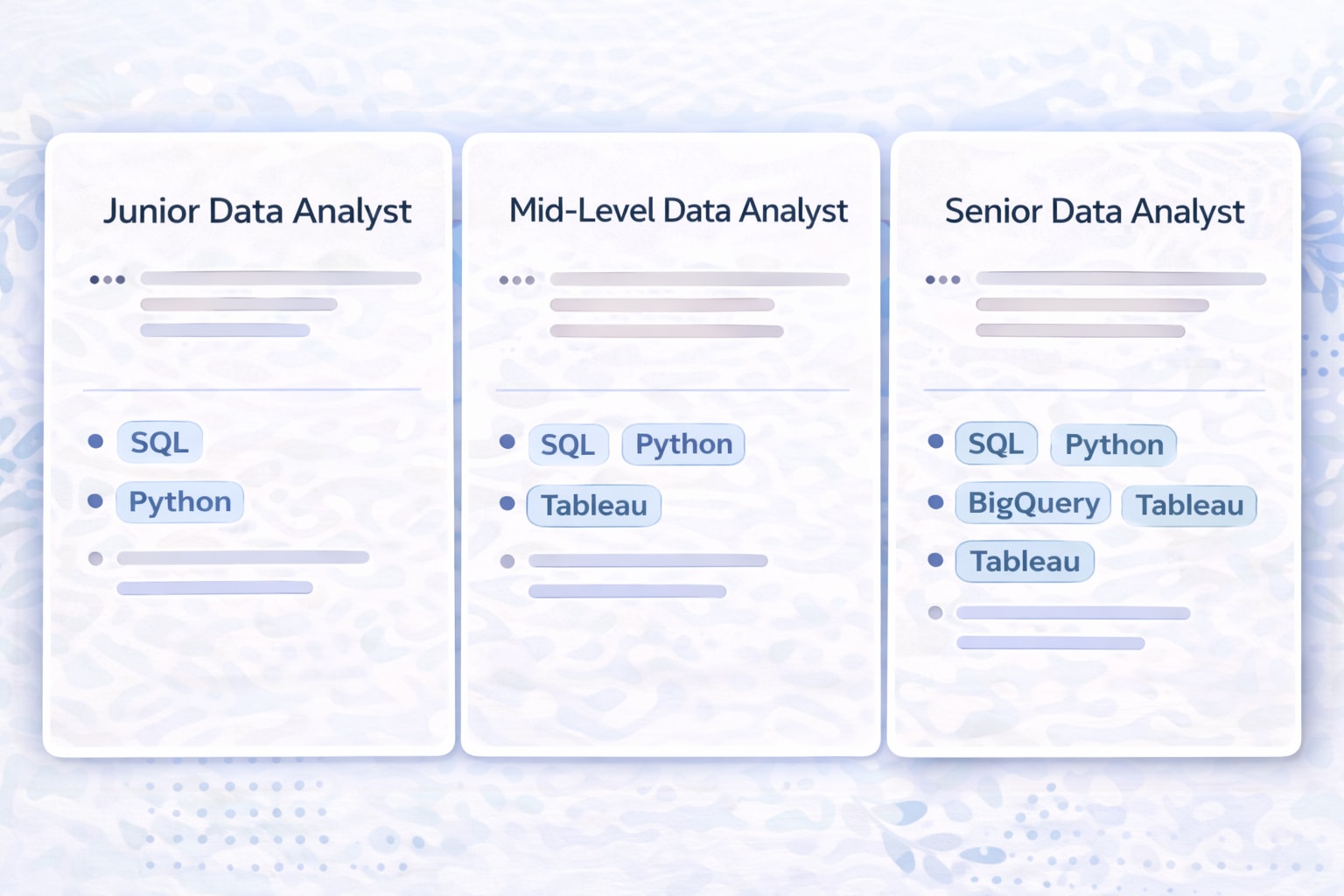 Three resume summary boxes for junior mid-level and senior data analyst