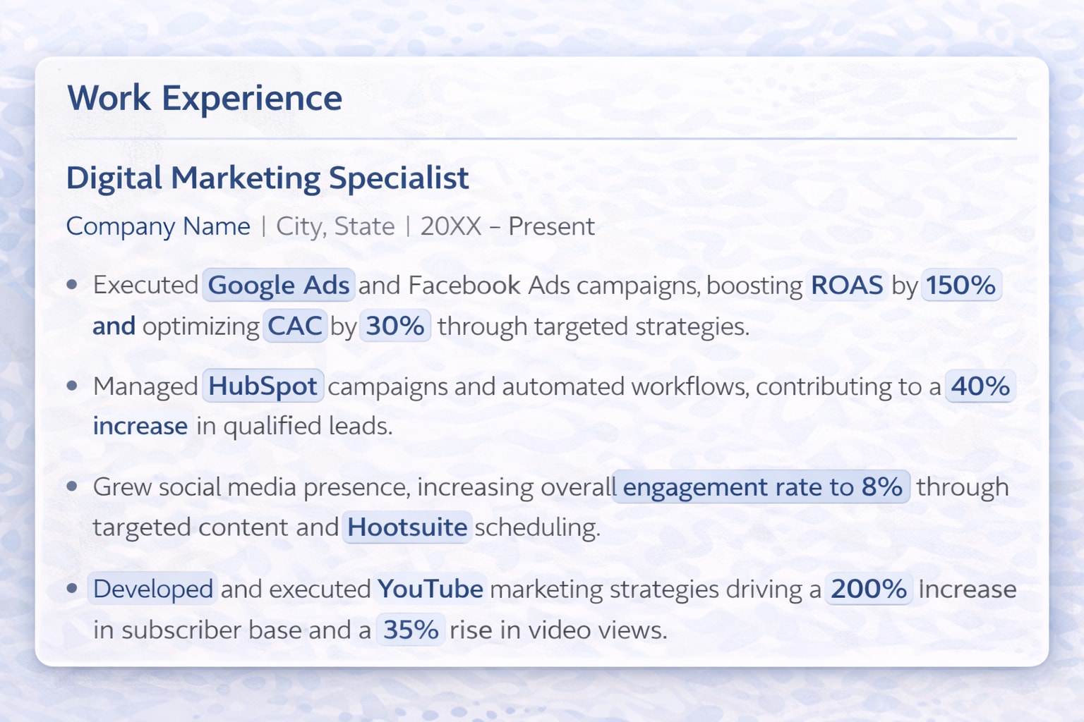 Marketing resume work experience section showing strong digital marketing bullets with platform names metrics ROAS CAC and engagement rate highlighted