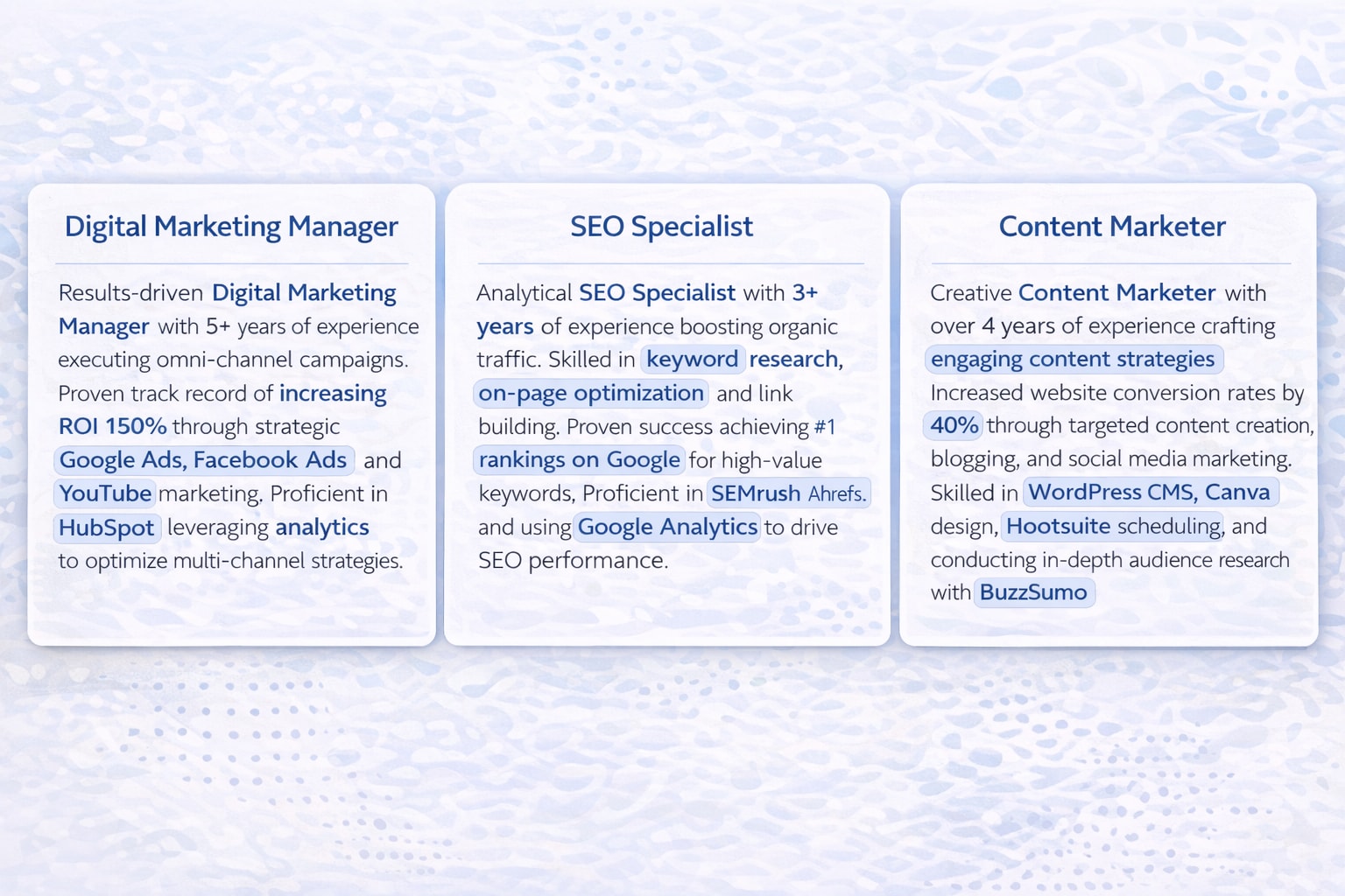 Marketing resume professional summary examples showing digital marketing manager SEO specialist and content marketer with ATS keywords highlighted