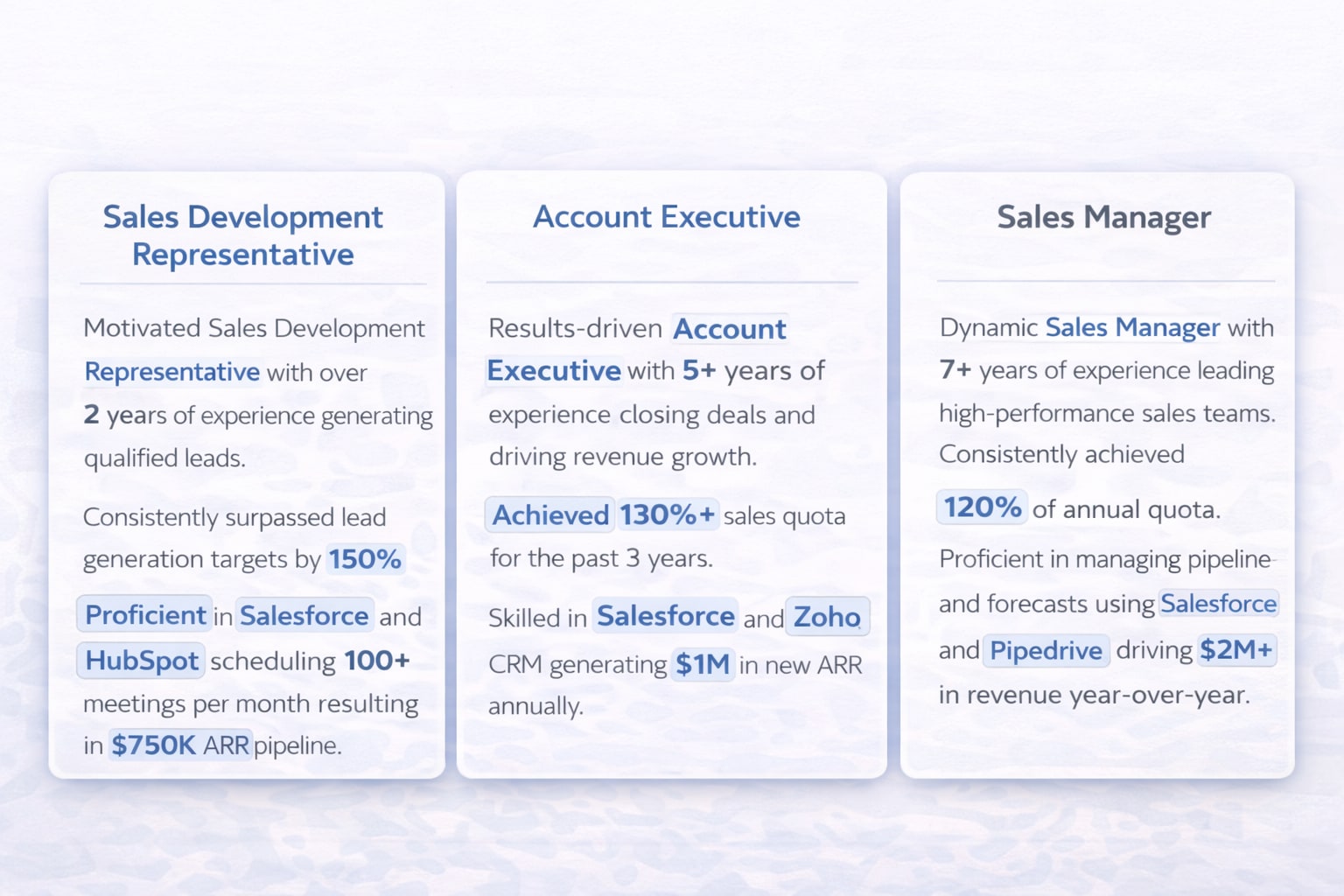Sales resume professional summary examples showing SDR account executive and sales manager versions with quota attainment and CRM keywords highlighted