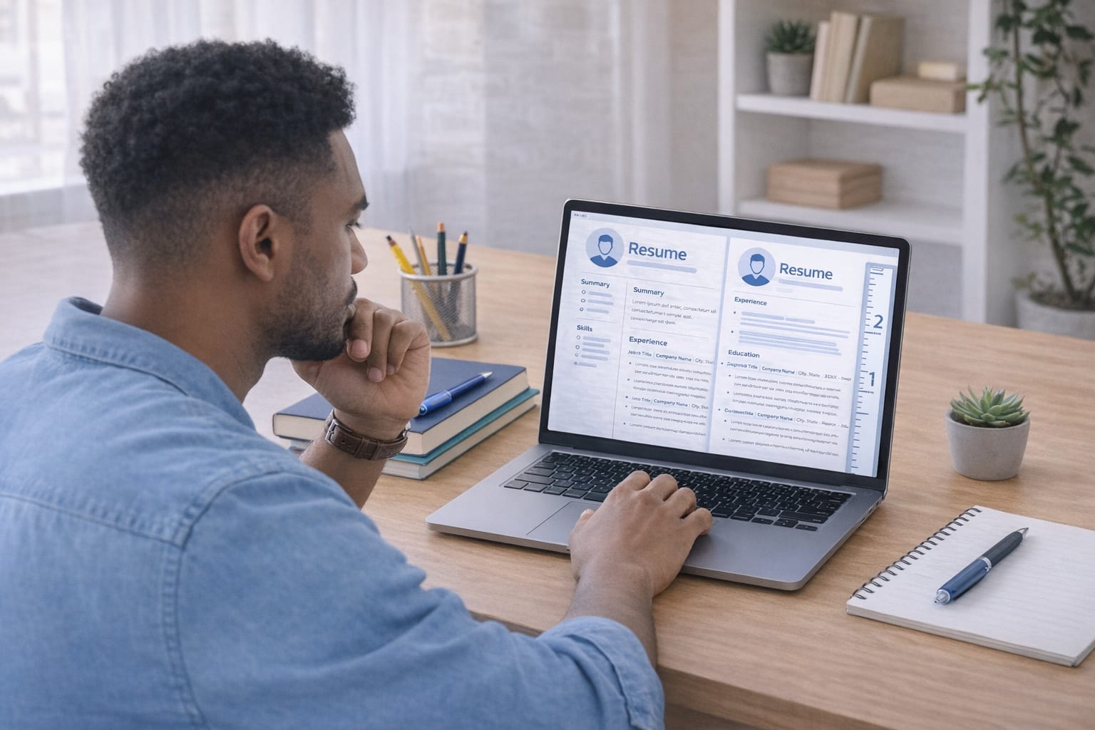 Job seeker reviewing two-page resume on laptop with ruler measuring page count, focused expression, home office setup