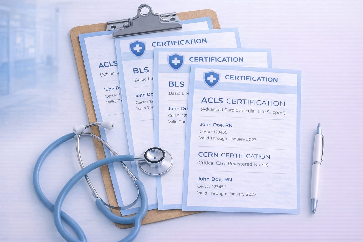 Nursing certifications and credentials on clipboard with stethoscope, ACLS BLS CCRN certificates fanned out