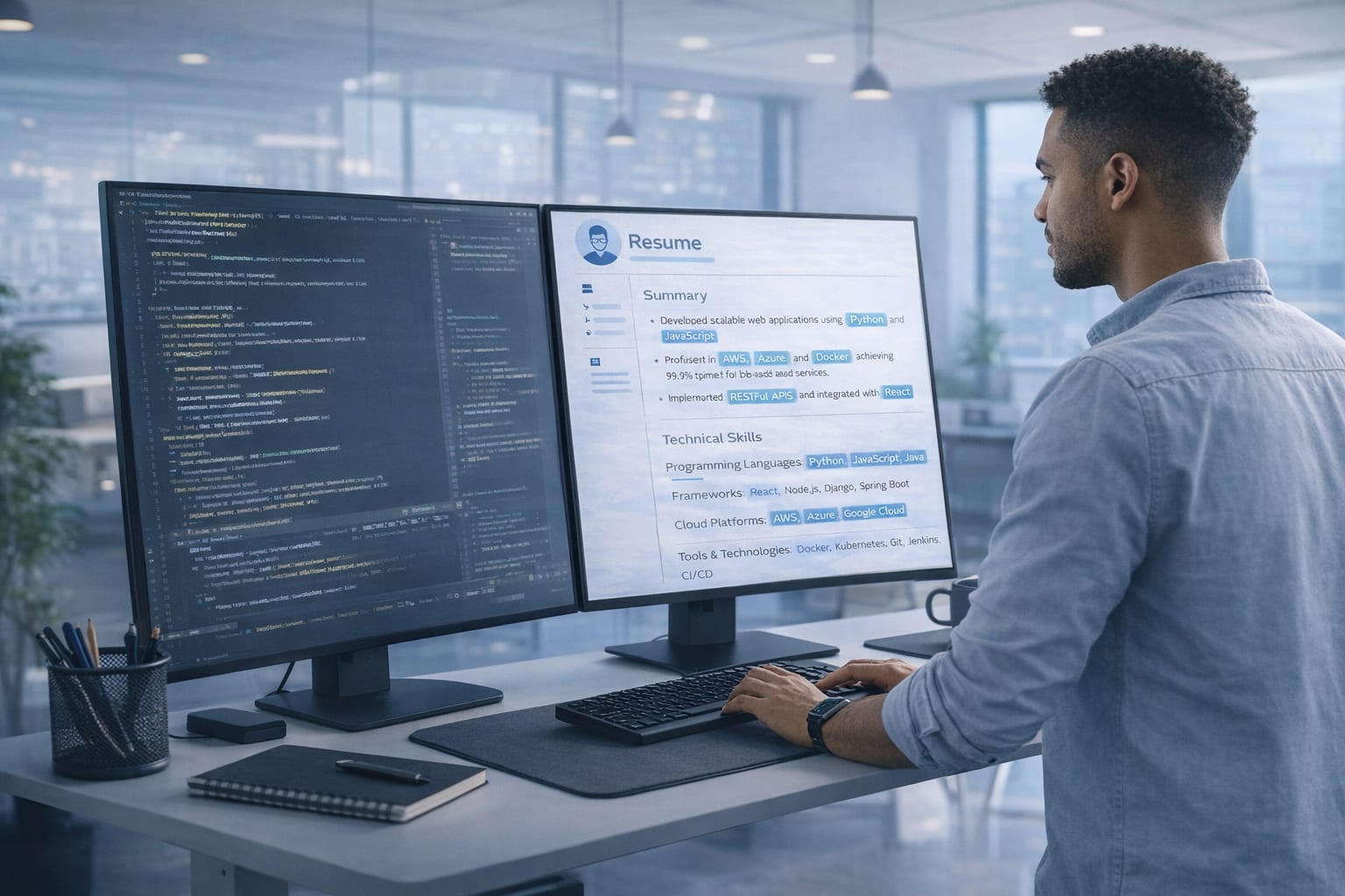 Software developer at a standing desk with dual monitors showing code on one screen and resume on the other, confident focused expression
