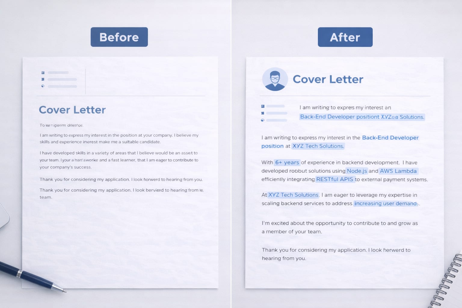 Before and after cover letter comparison showing weak generic version versus strong targeted version for 2026 job applications