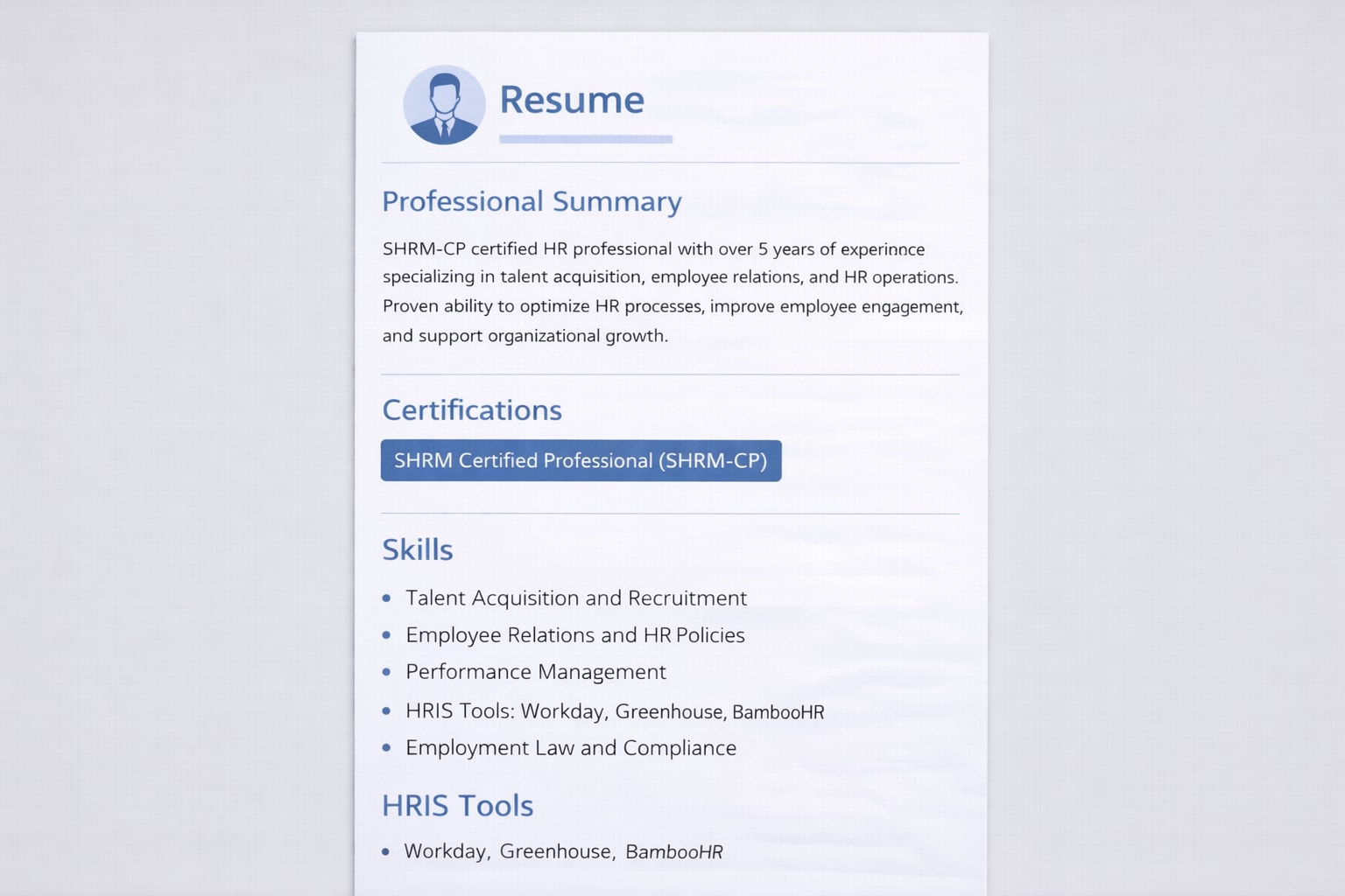 ATS-friendly HR resume template for 2026 showing professional summary certifications and HRIS tools section layout