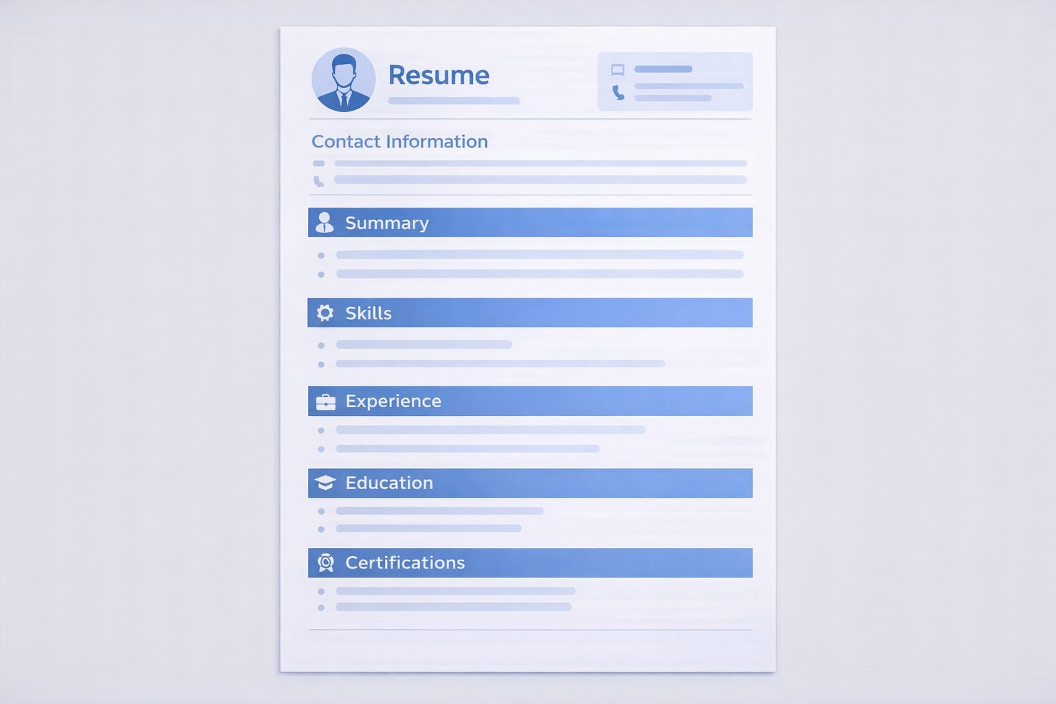Complete resume structure showing all required sections in correct order for an ATS-friendly resume in 2026