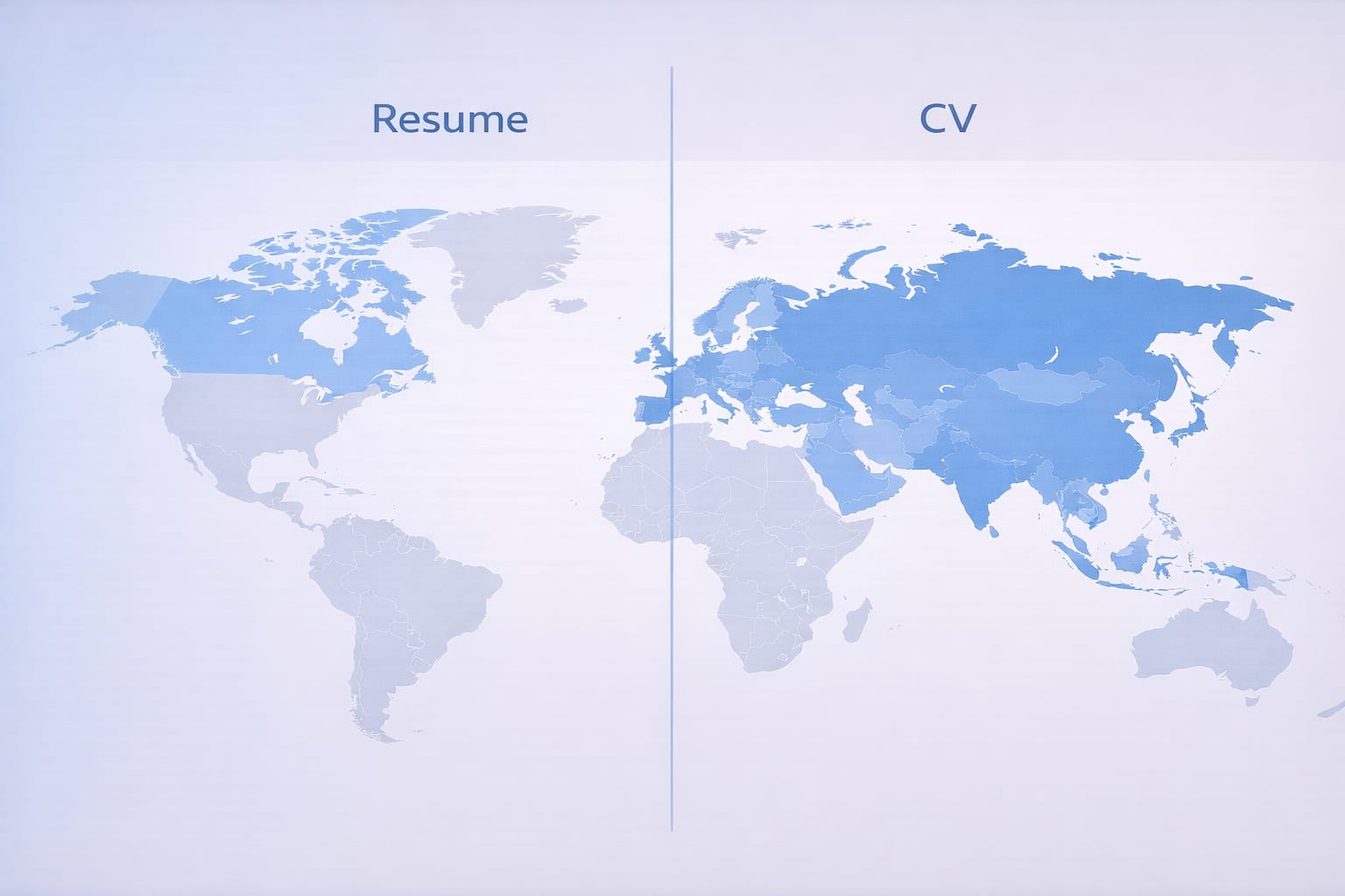 World map showing regional differences between resume and CV usage across United States, Canada, Europe, and Asia for international job applications