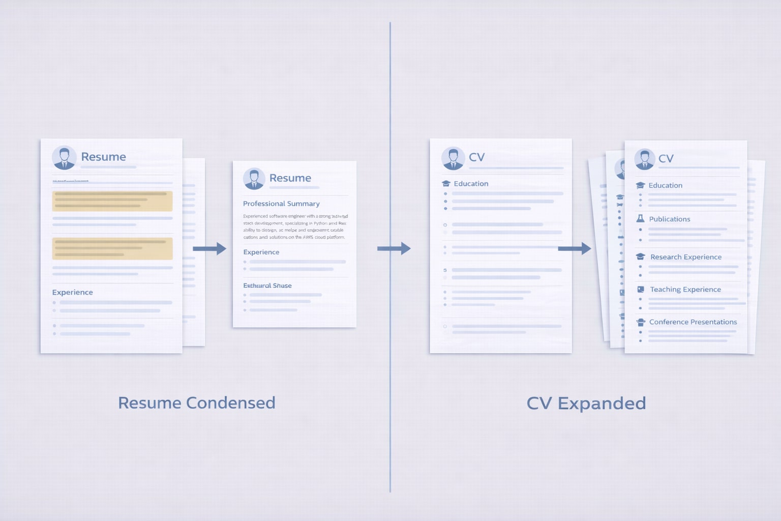 Visual guide showing how to convert resume to CV and CV to resume with sections added or removed for different job application requirements