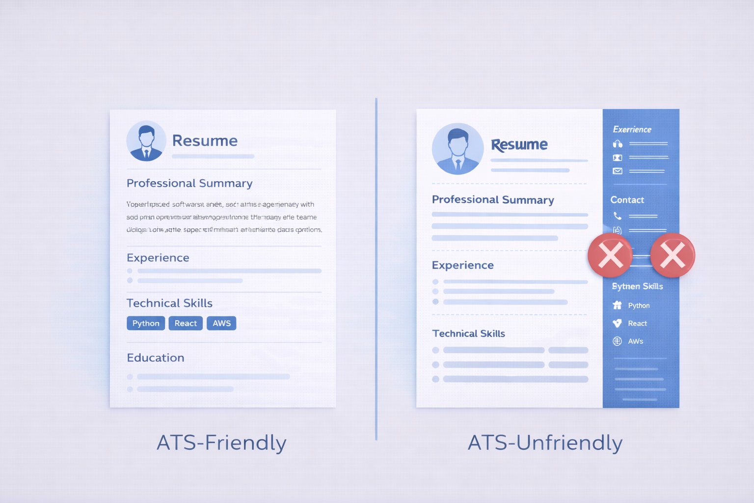 Visual guide showing ATS-friendly resume practices versus common formatting mistakes that cause resume rejection by applicant tracking systems formatting best