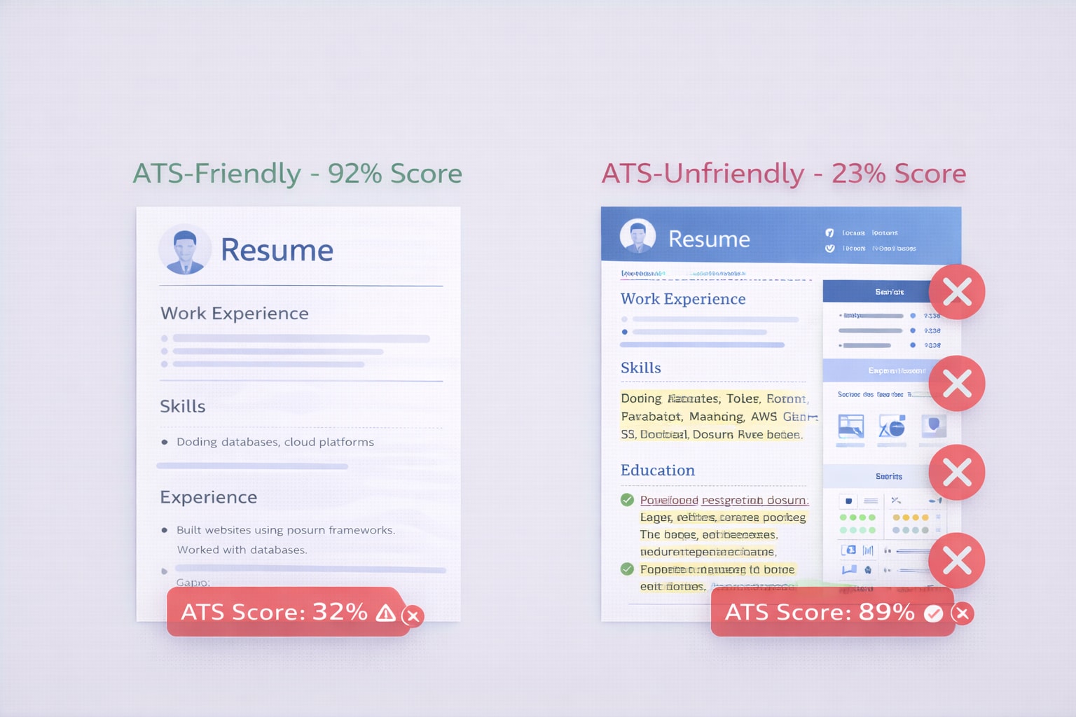 ATS-friendly resume format comparison showing simple single-column layout versus complex multi-column design with graphics