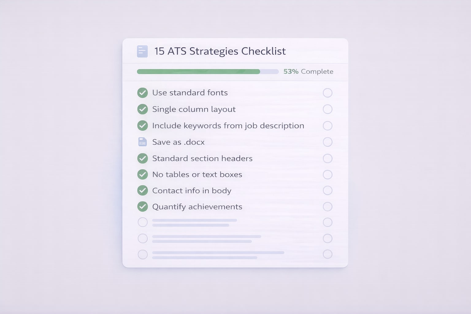ATS optimization checklist dashboard showing 15 strategies with progress tracking for resume applicant tracking success