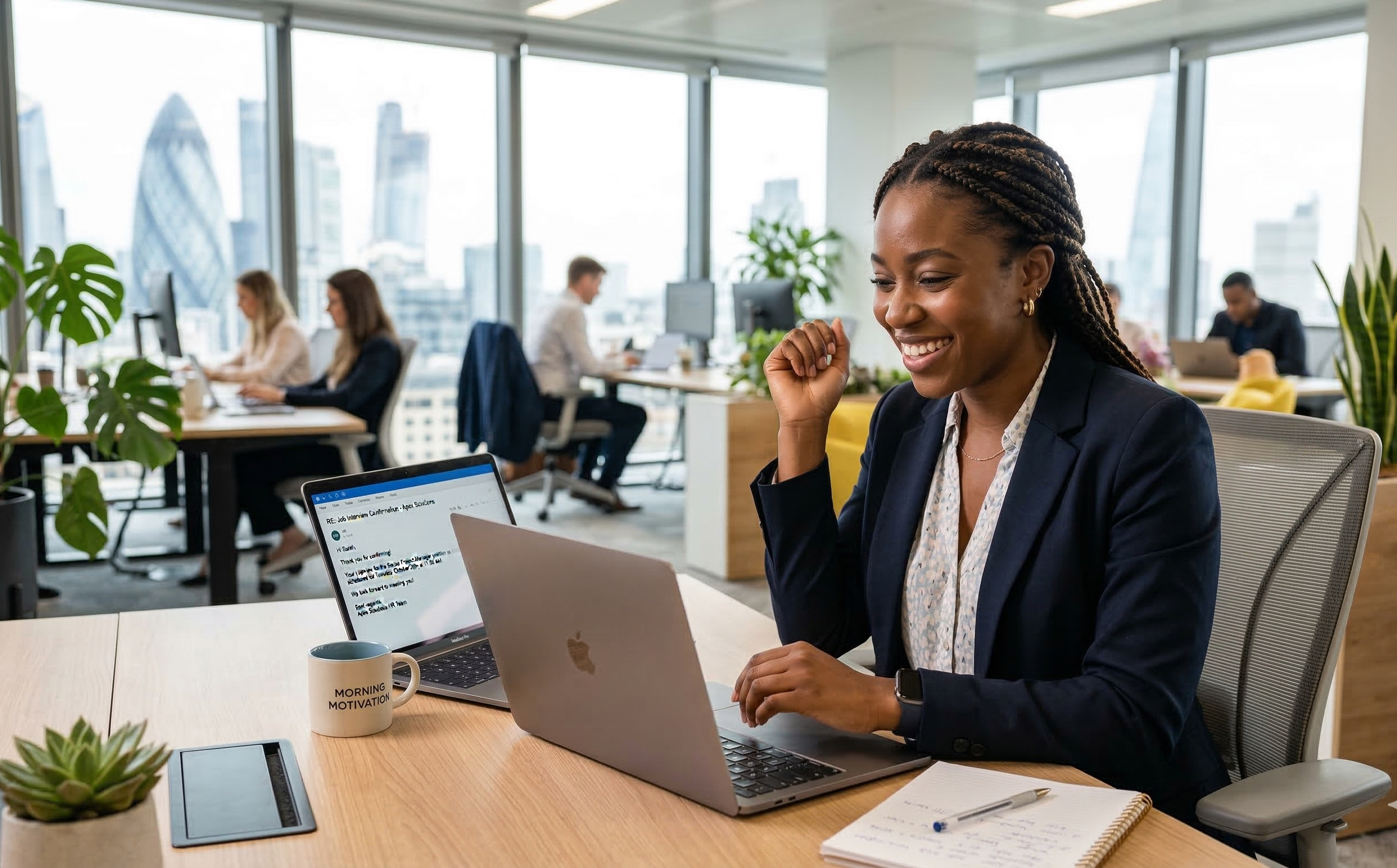 Professional smiling at laptop showing job interview confirmation email