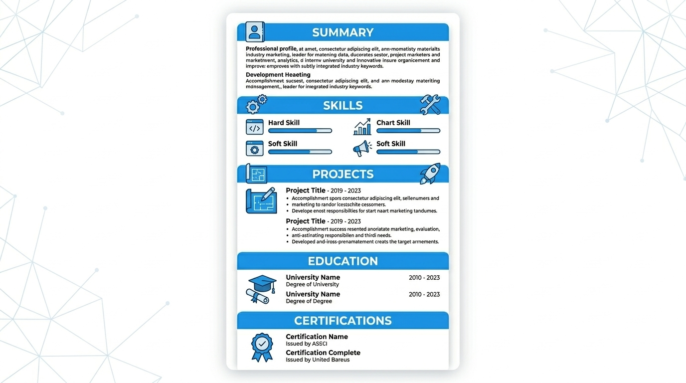 Resume structure layout for freshers showing summary skills projects education and certifications order