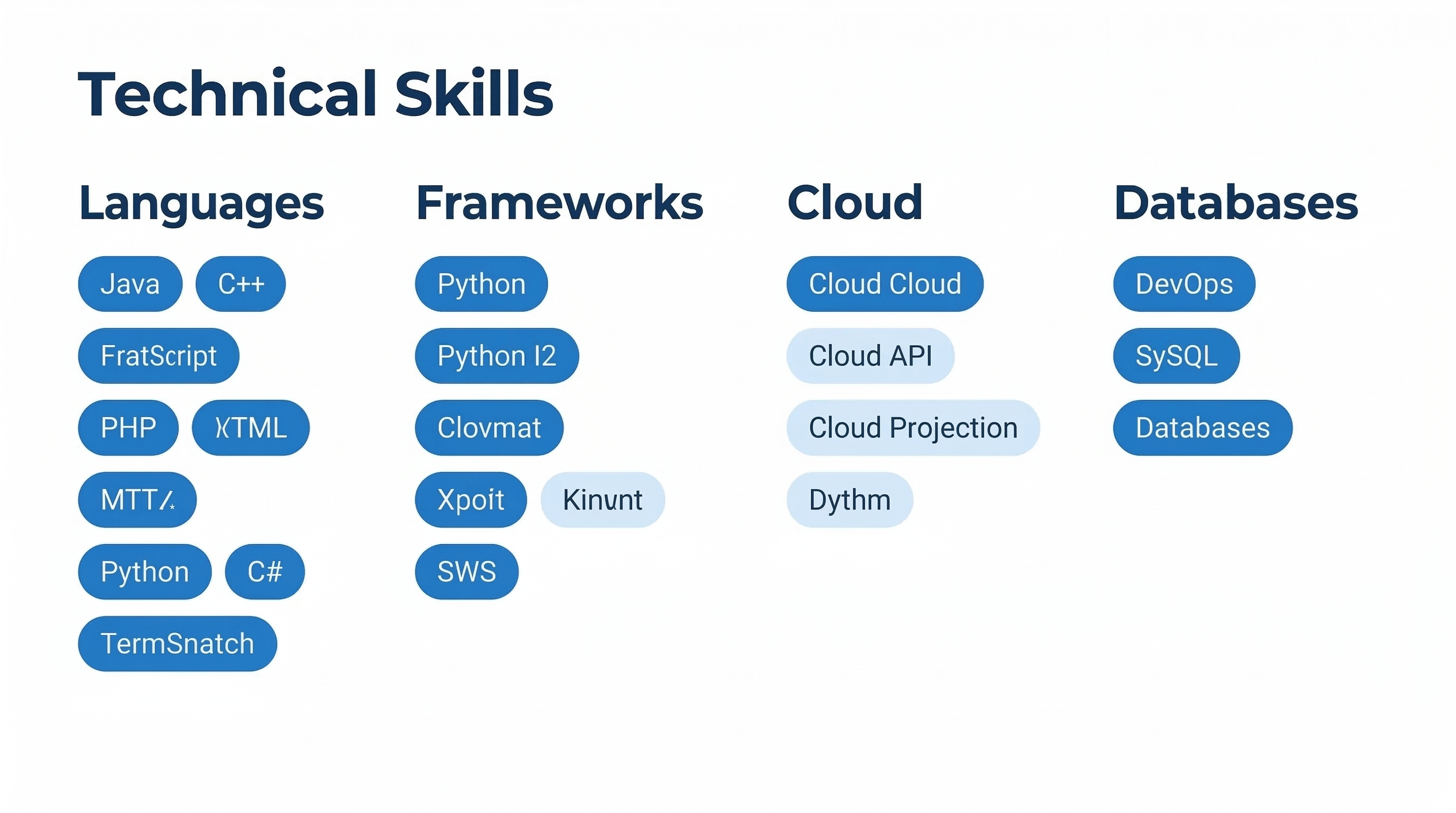Software engineer technical skills section organized by categories including languages frameworks and cloud