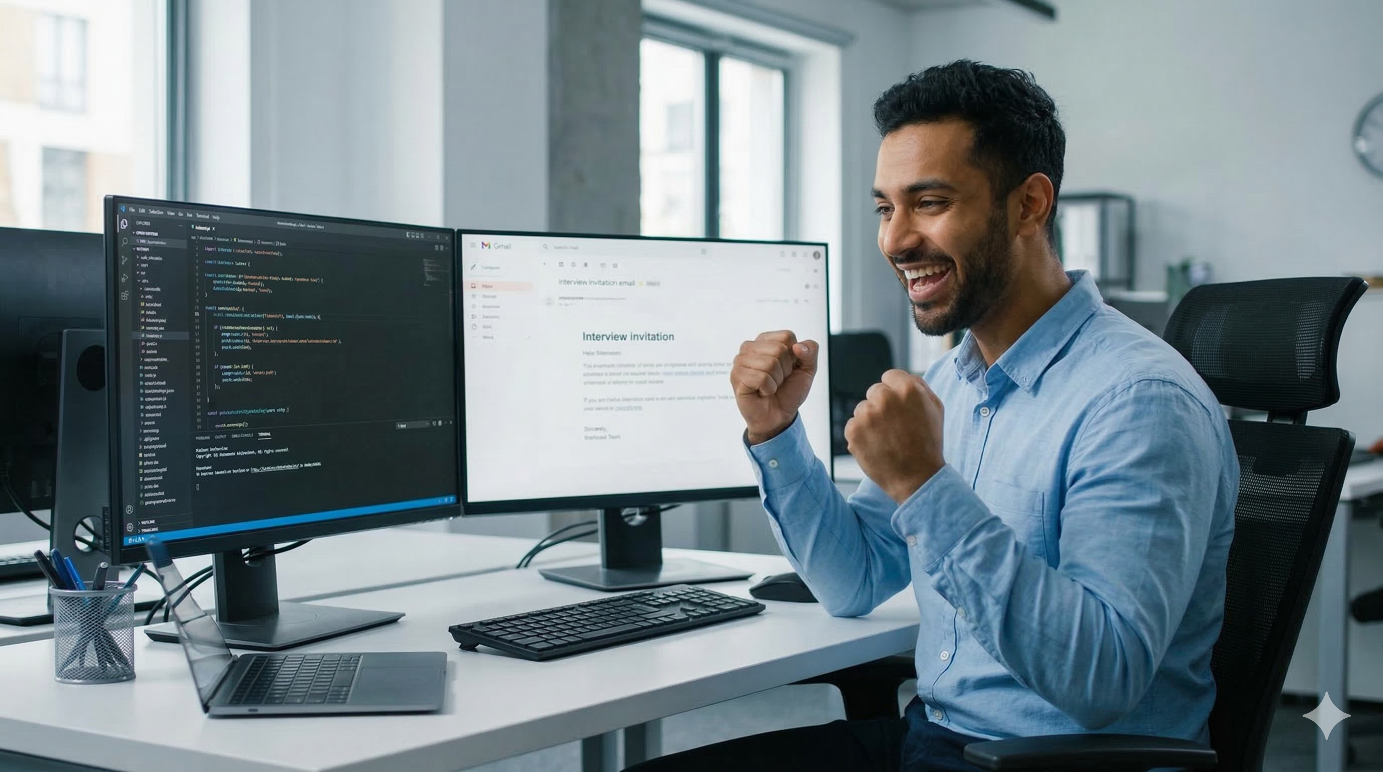 Software engineer celebrating job interview invitation on screen in modern tech office